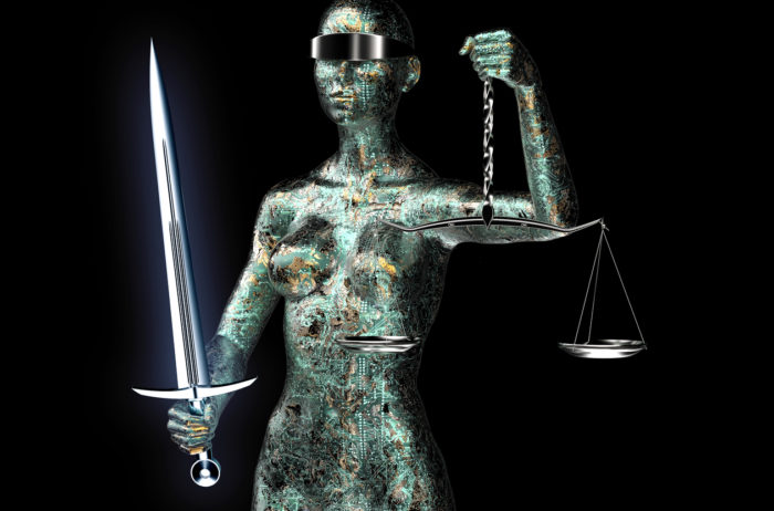 legal computer judge concept, lady justice isolated on black, 3D illustration.