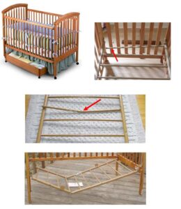Four images show a wooden crib with increasingly broken and collapsed mattress supports.