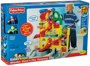 Box of Fisher-Price Little People Wheelies Stand 'n Play Rampway toy with child shown playing.