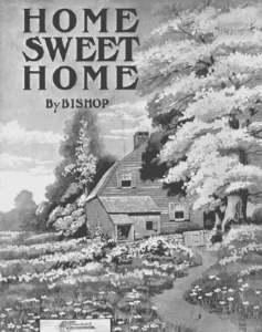 A cottage surrounded by trees and flowers with the text "Home Sweet Home by Bishop" above.
