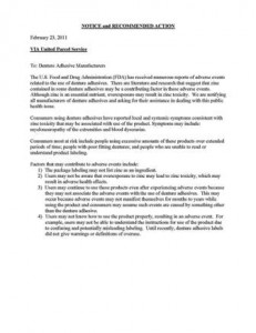 A printed letter titled "NOTICE AND RECOMMENDED ACTION" from the FDA about dental adhesives.