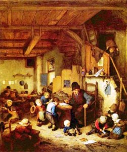 A classroom scene with children and a teacher in a rustic, cluttered room.