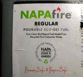 Label of NAPAfire regular pourable eco-gel fuel for indoor and outdoor use.