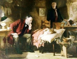 A man examines a sick child lying on a bed while two others look on in a dimly lit room.