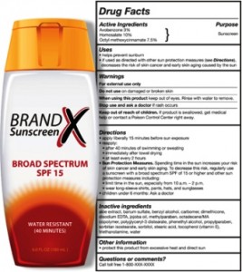 Bottle of Brand X Sunscreen SPF 15 with drug facts and usage information on the label.