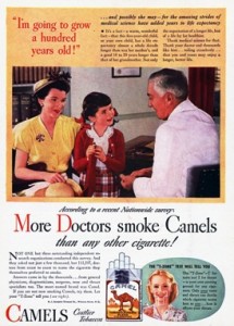 A doctor talks with a woman and child in a vintage cigarette advertisement for Camels.