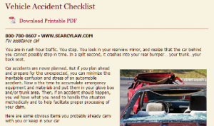 A car with a shattered rear window is shown in a vehicle accident checklist guide.
