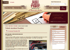 Screenshot of a law firm website page titled "Vehicle Accident Checklist" with a car accident image.