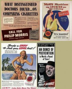 Vintage cigarette ads featuring doctors, women at the beach, and health-related claims.