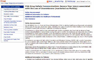 FDA notice on severe liver injury risks linked to dronedarone (Multaq), with safety information.