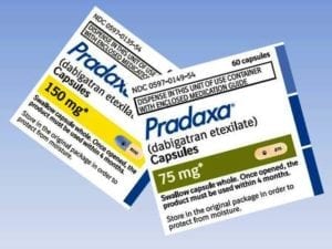 Two boxes of Pradaxa (dabigatran etexilate) capsules, 150 mg and 75 mg doses.