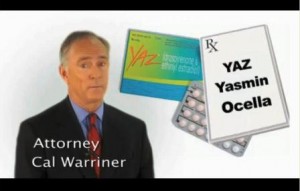 Man in suit with "Attorney Cal Warriner"; images of YAZ medication and prescription pad shown.