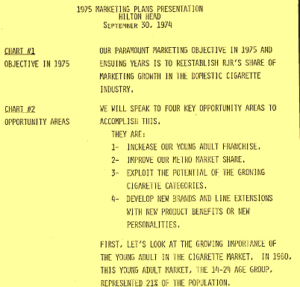 Typed marketing plan document listing RJRT’s objectives and opportunity areas for 1975.