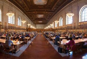 Large library reading room with people seated at long tables under ornate chandeliers.