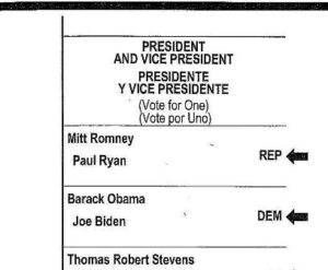 Ballot paper showing presidential candidates: Romney/Ryan (REP), Obama/Biden (DEM), Stevens.
