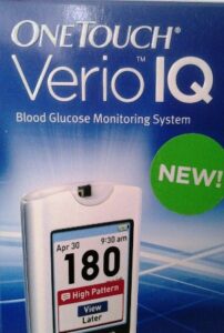 Box for OneTouch Verio IQ blood glucose monitoring system showing a reading of 180 mg/dL.