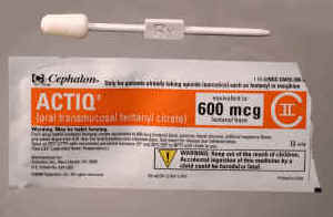 A packaged Actiq 600 mcg fentanyl citrate oral transmucosal lozenge with applicator.