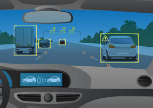 Car dashboard view showing autonomous driving system, ideal for a Florida car accident lawyer.