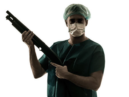 doctor surgeon man with face mask holding shotgun silhouette