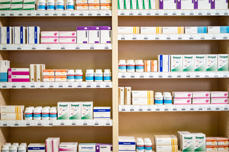 Pharmacy Shelves With Medication