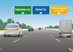 Cars and a truck on a highway with signs for autonomous, normal, and EV charging lanes.