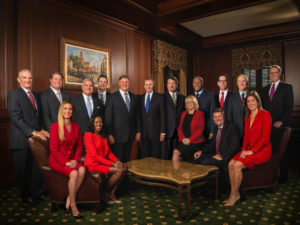 A group of fifteen business professionals pose together in a formal office setting.