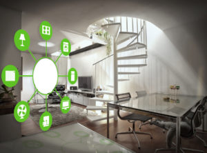 Modern living space with a spiral staircase and smart home icons overlayed on the left side.