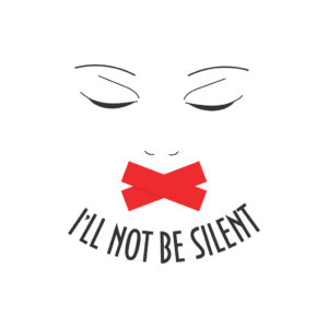 Minimalist face with red tape over the mouth, highlighting Sexual Harrassment and "I'll not be silent".