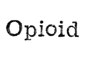 The word "Opioid" typed in bold, black, textured letters on a white background.