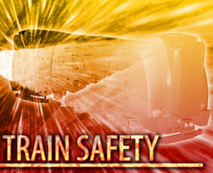 Stylized image of a train with bright rays, highlighting "Train Derailment Safety" in bold letters.