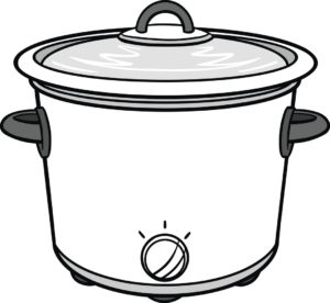 Black and white drawing of a cooker with a lid, control knob, and electric slow-cooking design.