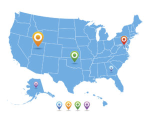 A U.S. map with colored pins marking Doctor Negligence spots in six different states.