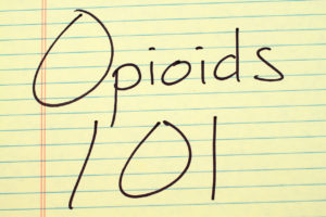 Opioids 101 written in black marker on a yellow lined notepad.