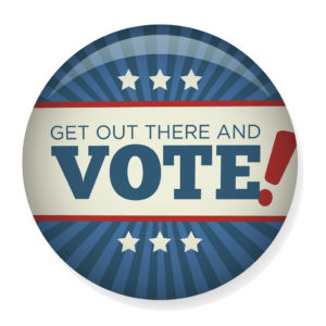 Round button with stars and the words "Get Out There and Vote!" in bold letters.