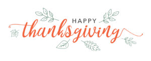 Happy Thanksgiving text with decorative autumn leaves on a white background.