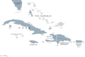 Map showing countries and territories in the Caribbean region, labeled with major islands.