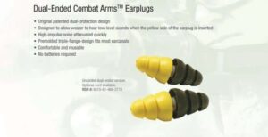 Yellow and black 3M Combat Arms Earplugs with product information and features shown beside them.