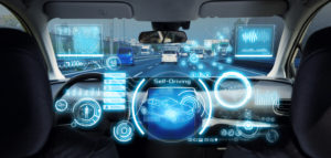 View from inside a car with digital self-driving dashboard interface overlays on the windshield.
