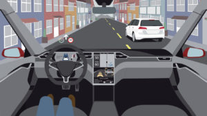 Illustration of a self-driving car interior with digital dashboard on a city street.