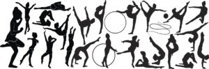 Silhouettes of rhythmic gymnasts performing various poses with hoops and ribbons.