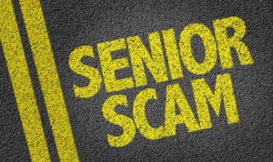 The words "Senior Scam" painted in yellow on an asphalt road next to two yellow lines.