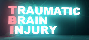 Text reading "TBI Traumatic Brain Injury" with a blue background and neural network lines.
