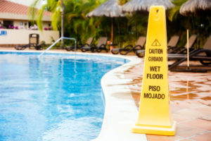 Caution sign for slip and fall at resort