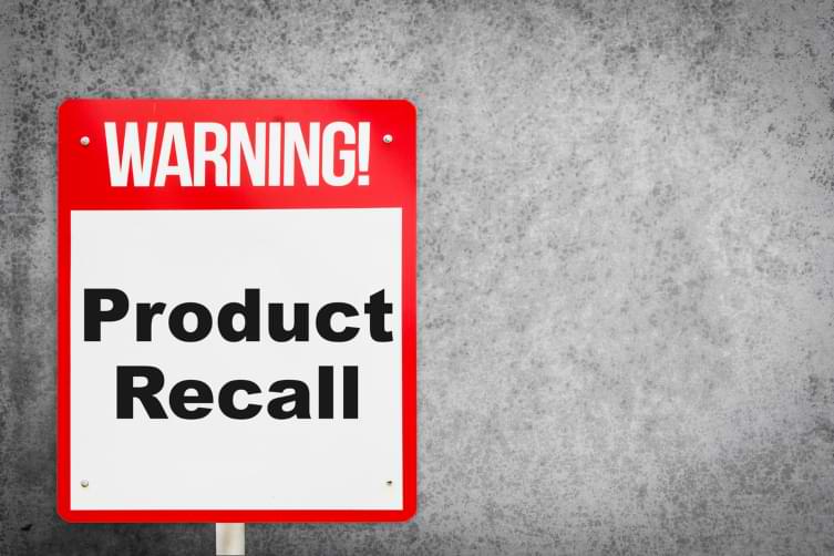 Sign stating warning product recall 