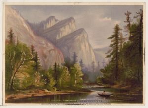 Painting of a river with a canoeist, surrounded by trees and mountains in the background.