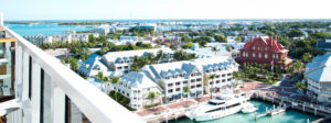 View of a marina with docked yachts, hotels, and buildings near the waterfront.