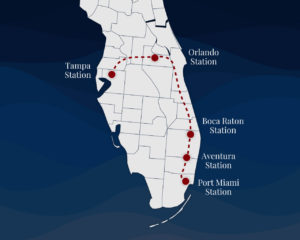 Map of Florida with a dashed line marking a rail route from Tampa to Port Miami with stops.
