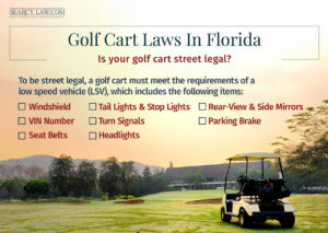 Golf cart on a golf course; text lists requirements for street-legal golf carts in Florida.