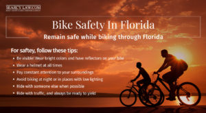Two people ride bicycles at sunset; bike safety tips for Florida are listed beside them.