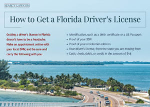 A coastal Florida road with palm trees, overlaid with steps to get a Florida driver’s license.